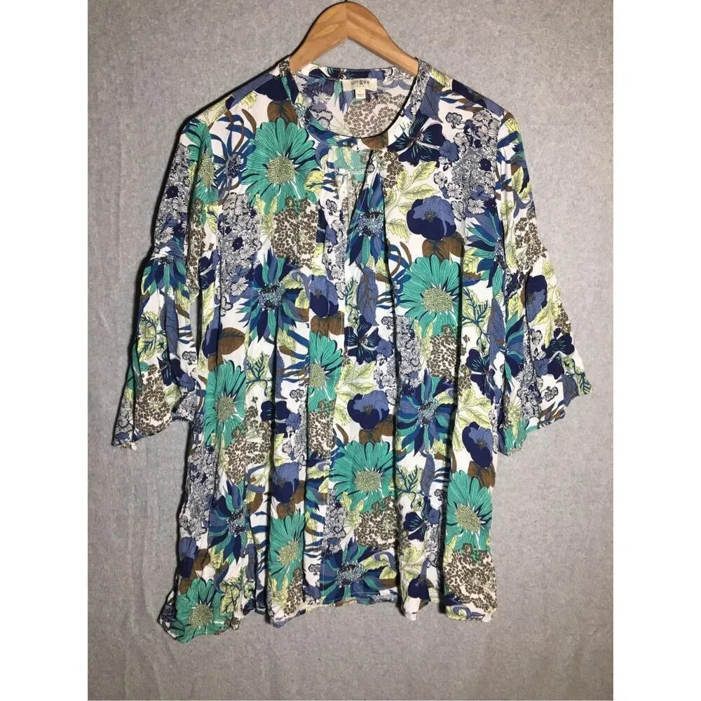 Womens Umgee Blouse Blue Colorful Floral Bell Sleeve Dress V Neck Keyhole Neck